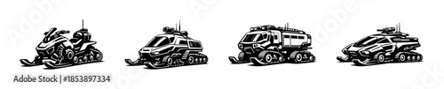 Snow vehicle types, sled and snowmobile flat vector illustration in monochrome