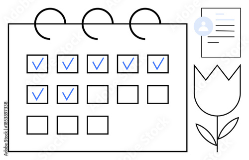 Time management, scheduling, productivity, personal planning, organization, daily checklist. Features a calendar with checkmarks, document icon and tulip drawing. Time management and scheduling