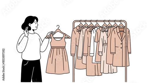 Woman choosing outfit from stylish clothing rack with modern dresses and suits