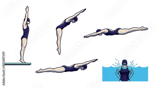 Swimmer diving into water in various positions illustrated
