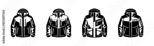 Outdoor jacket designs, hooded coats, windbreakers, flat vector illustration