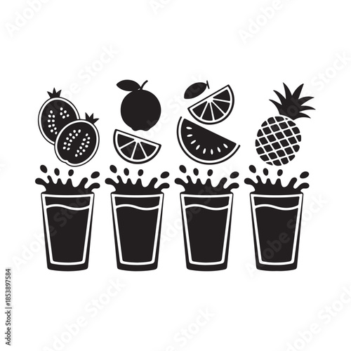 Fresh fruit juices and sliced fruit a vibrant black and white illustration