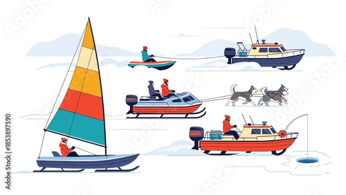 Vibrant ice sailing and fishing adventure on frozen lake with snowmobiles