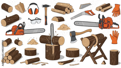 Woodworking tools and equipment for logging and carpentry work