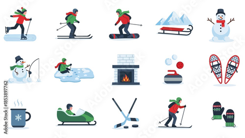 Winter sports and activities in a fun, colorful illustration set