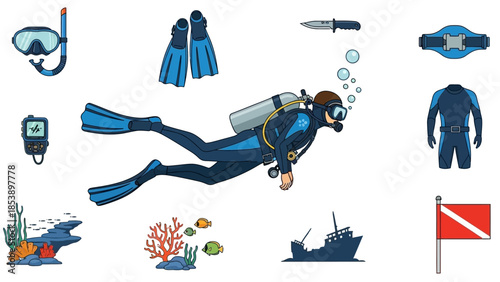 Scuba diver in action with equipment and underwater scene