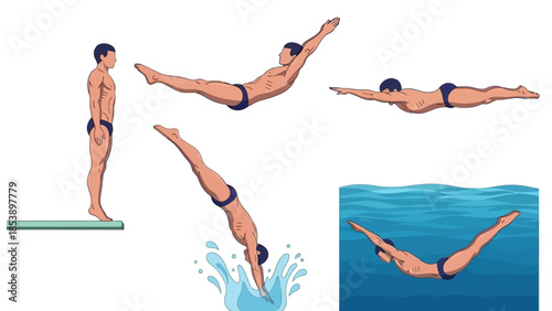 Man diving into water from platform in various positions