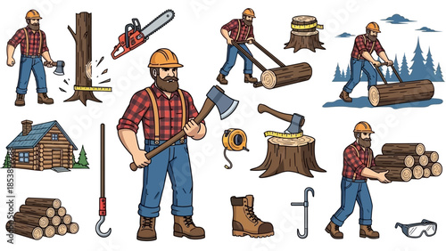 Lumberjack at work with tools and logs in forest setting