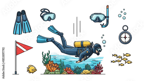 Scuba diver exploring vibrant coral reef with school of fish