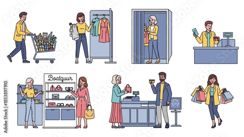 People shopping and paying in a modern retail environment