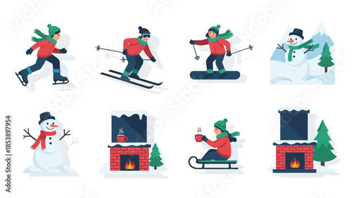 Happy people enjoying winter activities with snowman and fireplace
