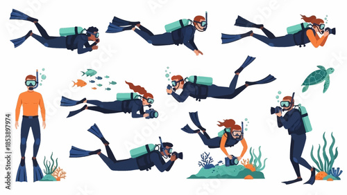 Scuba divers exploring vibrant ocean with fish and coral reef