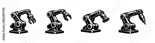 Robotic arm collection, industrial machines, factory equipment, flat vector illustration