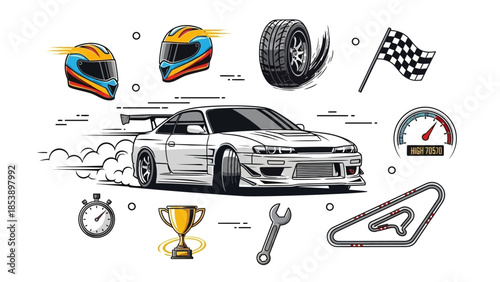 Racing car speeding with helmets, tire, and checkered flag