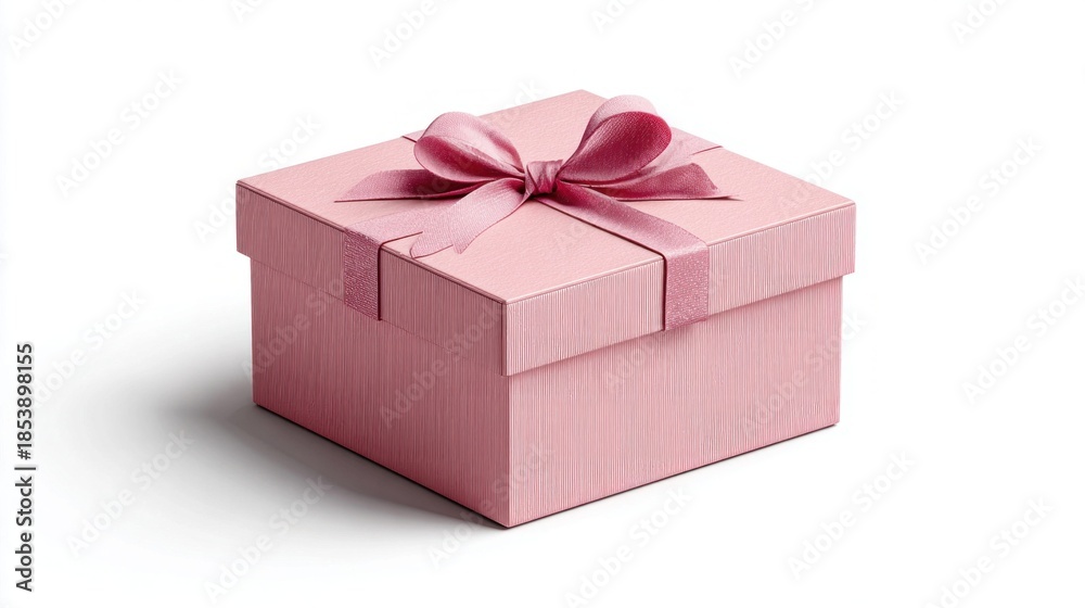 Obraz premium Elegant pink gift box with satin ribbon and bow on a white background