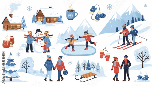 Happy couples enjoying winter activities together in snowy landscape