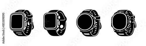 Smartwatch collection, gadget, device, silhouette elements, smartwatch device flat vector illustration
