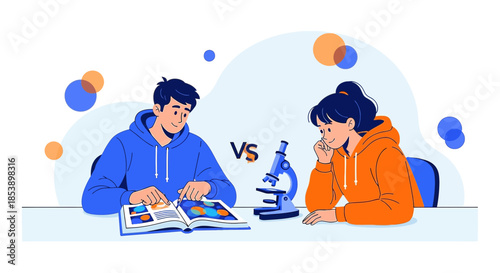 A contrasting approach to science, between textual and experimental, with illustration style