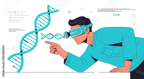 A man uses virtual reality to explore DNA molecule in advanced biotechnological research and