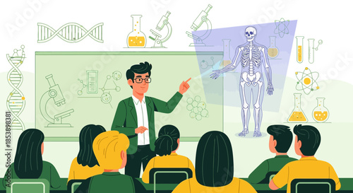 A science instructor elucidates the human skeletal system for an attentive classroom of students
