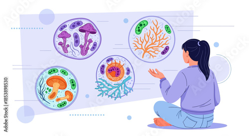 A young woman studying microbiology, showing a diagram of different types of fungal species