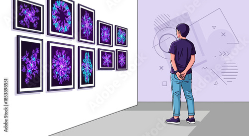 A young man stands in an art gallery contemplating vibrant abstract artwork compositions