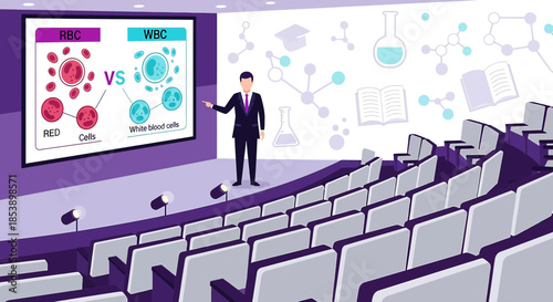 Academic conference presentation showcasing blood cell analysis with empty auditorium space