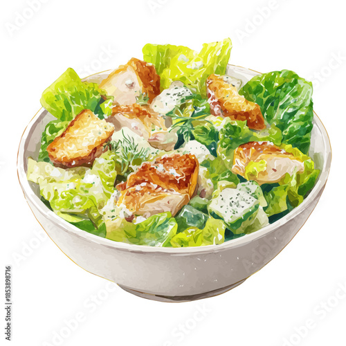 Watercolor vector illustration of Chicken Caesar Salad, isolated on white background.