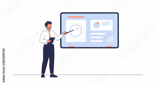 Analyst presenting complex data on interactive digital screen for a strategy meeting