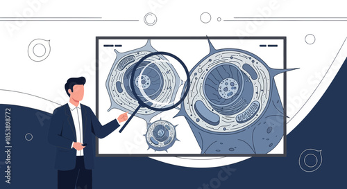 Analyzing cellular structures with a magnifying glass for scientific research presentation