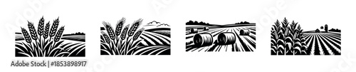 Farm landscape elements, fields and crops, flat vector illustration