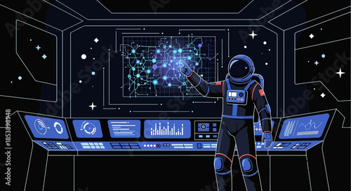 Astronaut interacting with a futuristic interface inside a spacecraft control room interface