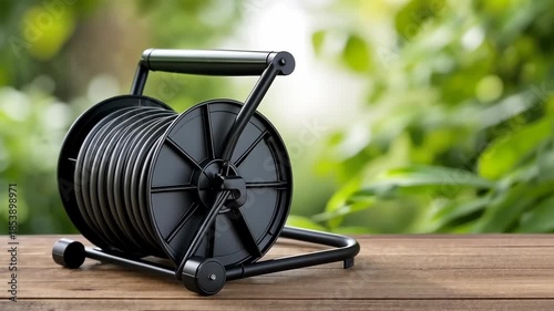 Home gardening tools in action at a backyard location during daytime with focus on a water hose reel on a wooden surface