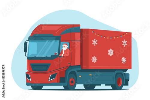Santa Claus driving a red delivery truck with Christmas gifts. Festive winter holiday logistics concept. Flat vector illustration for banners, advertising, and seasonal design.
