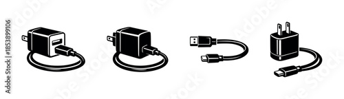 Electronic device chargers, power cables, flat vector illustration