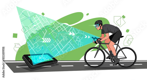 Augmented cycling: Rider navigating with projected map from tablet device, embracing future tech