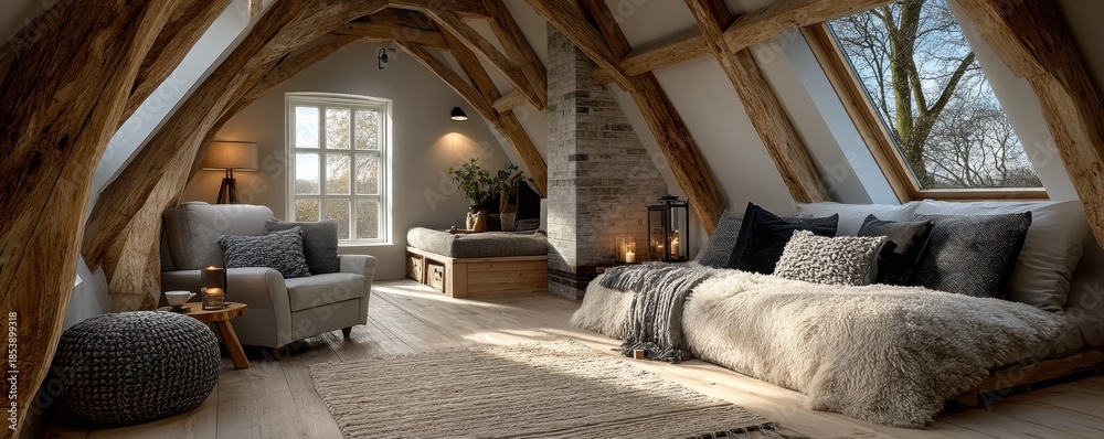 Obraz premium Cozy attic loft in the Netherlands with warm lighting, exposed beams, and a fireplace ambience