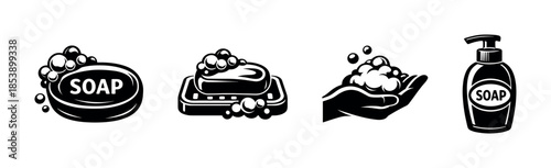 Soap set, flat vector illustration with bubbles and dispenser, hygiene collection