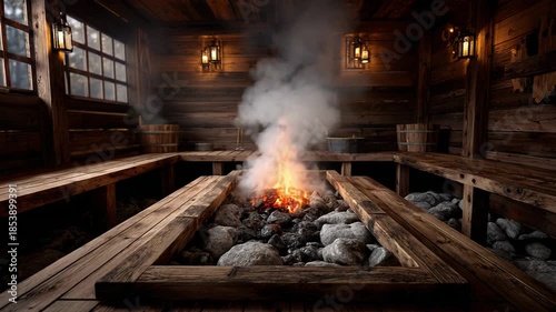 Fire burning in stone hearth, smoke rising