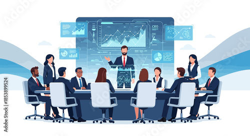 Business leadership meeting showcasing strategic vision through analytical insights and data