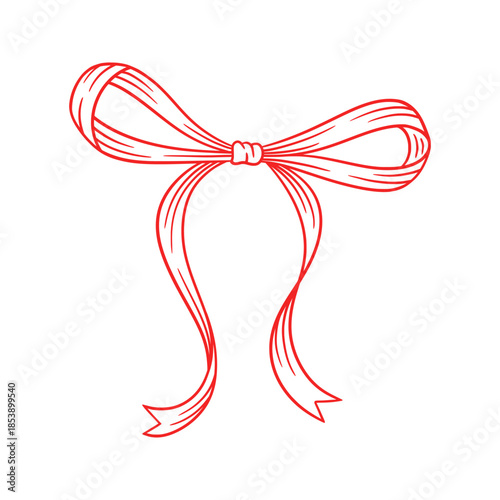 Coquette bow red, line drawing. Hand drawn illustration of vintage tied ribbon. Romantic design. Wedding, birthday gift, retro style. Cute girly hairstyle accessories, vector illustration. Doodle lace