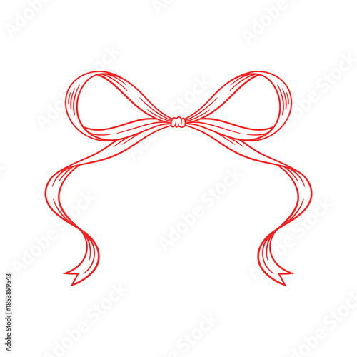 Coquette bow red, line drawing. Tied ribbon, vintage illustration. Frame contour, romantic design. Wedding, birthday gift, retro style. Girly hairstyle accessories, vector illustration. Doodle lace.