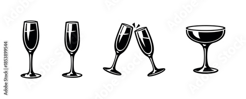 Champagne glasses collection, champagne glass flat vector illustration