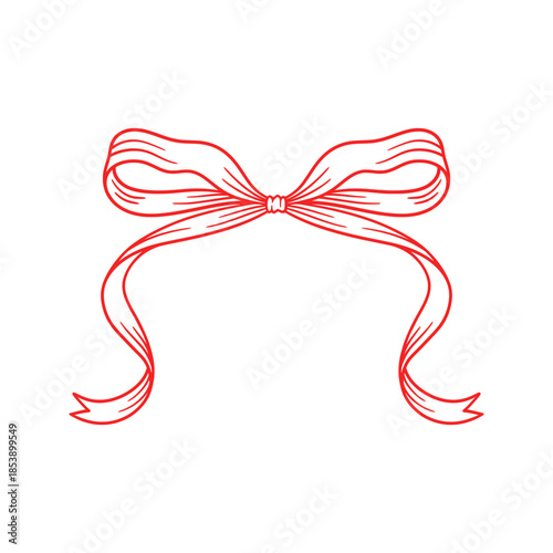 Coquette bow red, line art drawing. Hand drawn illustration of vintage tied ribbon. Wedding, birthday gift sketch in retro style. Cute girly vector illustration. Doodle lace.