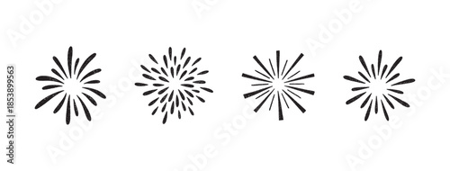 Firework doodles and festive hand drawn firecrackers set. Minimal sketch style celebration icons with stars, sparkles, explosive bursts. For birthday, carnival, holiday events. Vector illustration