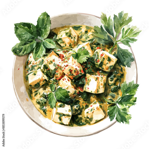A watercolor painting of Saag Paneer, vector illustration on white background.