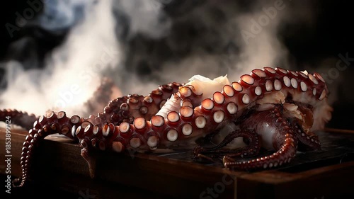 Grilled octopus sizzling on hot plate