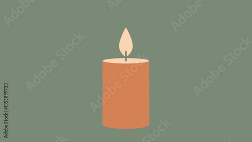 A lit orange candle with a flame against a muted green background.