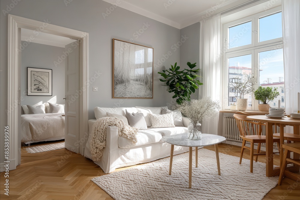 Fototapeta premium Cozy Scandinavian living room with neutral tones, wood furniture, and sunlit dining area