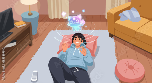Connected to virtual companion, relaxing at home, a portal to another dimension opening